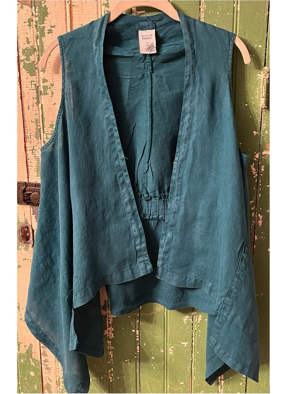 Linen Matchpoint Vest Artsy Unique Boho Teal Vest size Medium